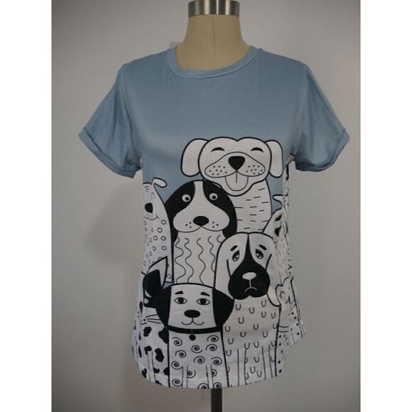 Light Blue & White Dogs Furry Friends Crewneck Short Sleeve Tee S - Picture 2 of 8
